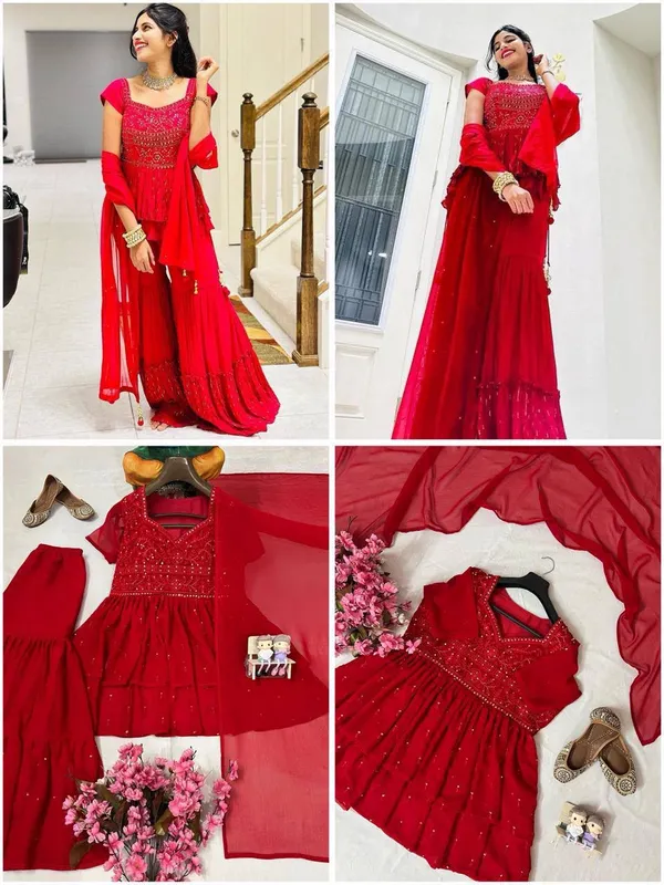 Red_Georgette_Embroidered_Sharara_Suit_for_Women