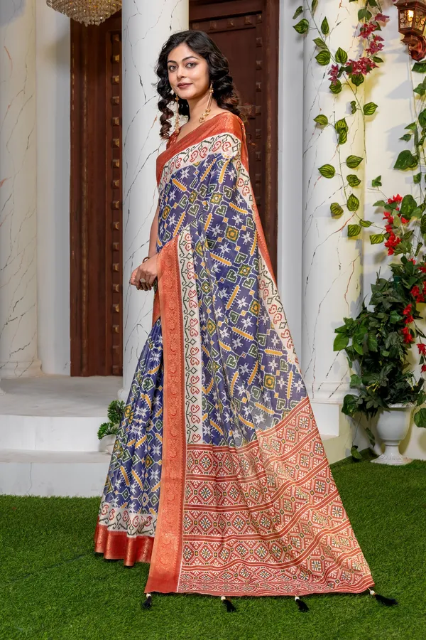 Blue_Patola_Print_Banarasi_Silk_Saree_For_Women_Patola_Style_High_Quality_Digital_Print_With_Jari_Weaving_On_Full_Saree_For_Women