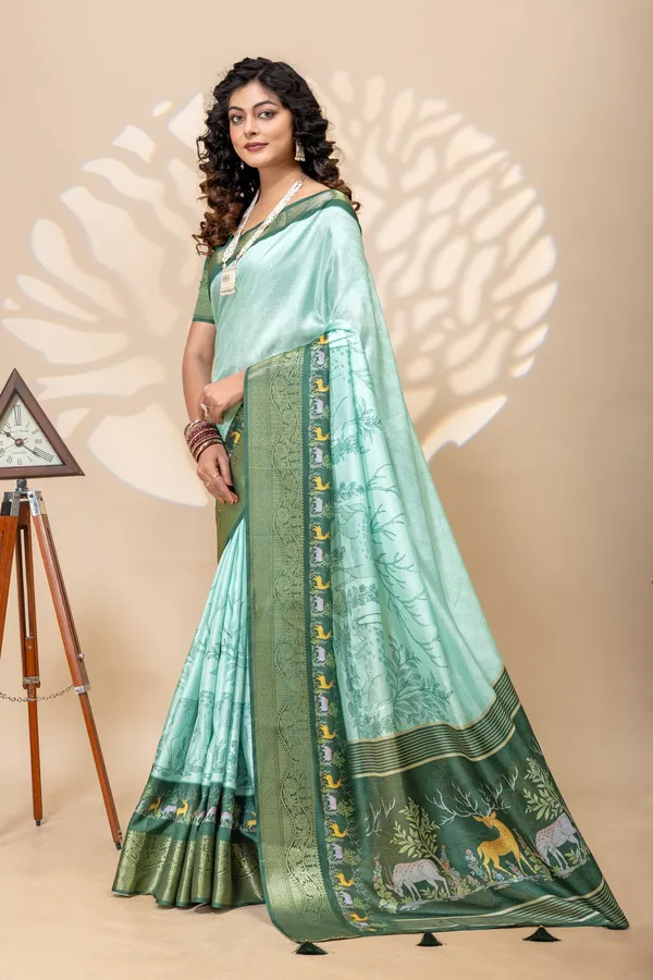 Mint_Green_Silk_Jacquard_Woven_High_Quality_Digital_Print_Bird_Motif_Pattern_Saree_For_Women