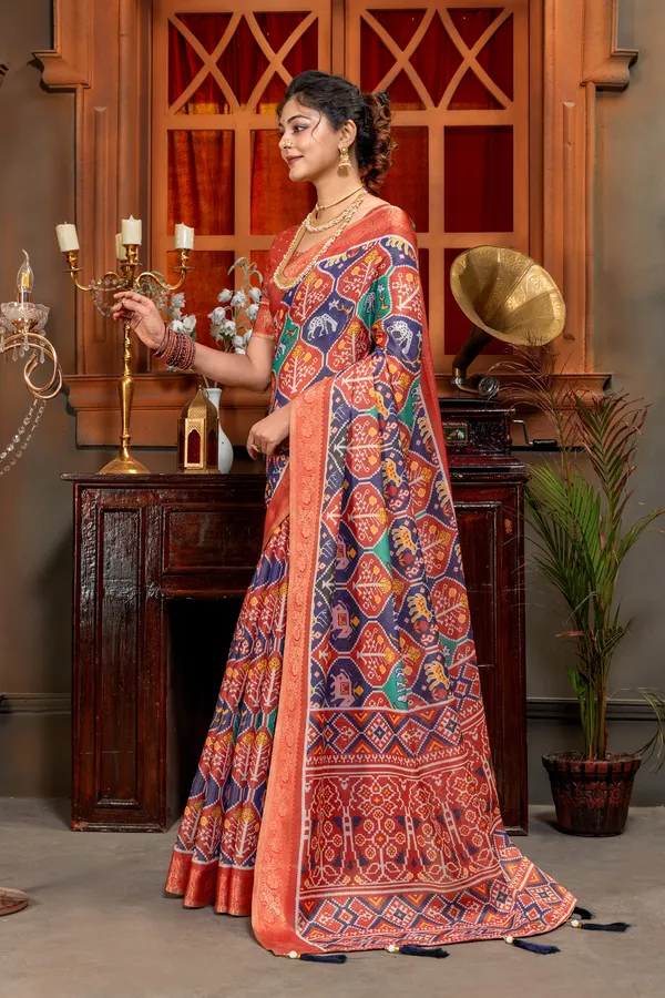 Navy_Blue_Patola_Silk_Lehenga_Choli_Set_For_Women_Patola_Style_High_Quality_Digital_Print_With_Jari_Weaving_On_Full_Saree_For_Women