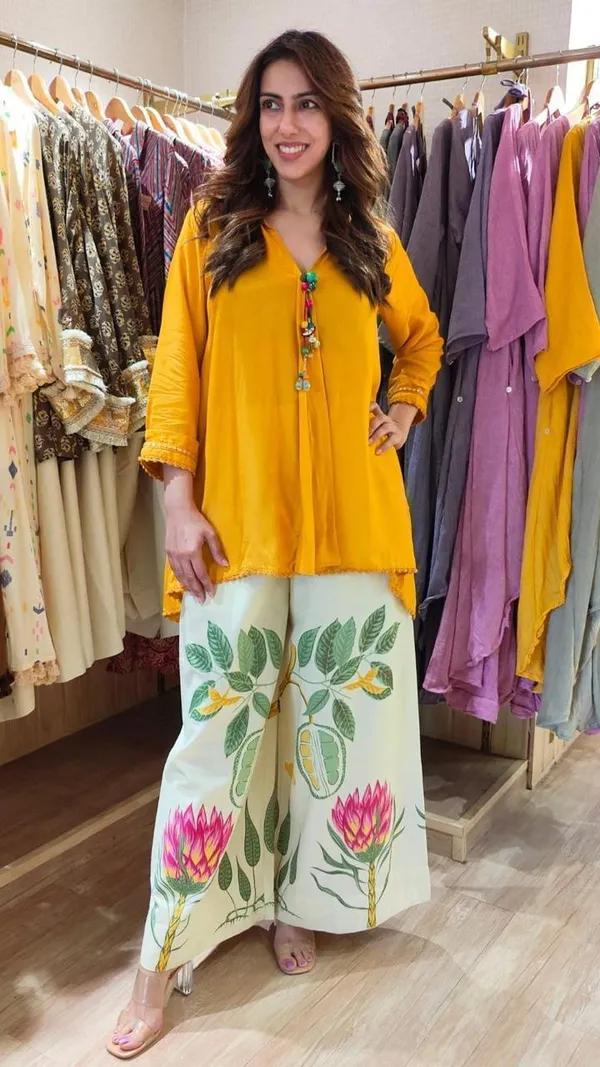 Yellow_Cotton_High-Low_Kurti_with_Floral_Print_Palazzo_Set_for_Women