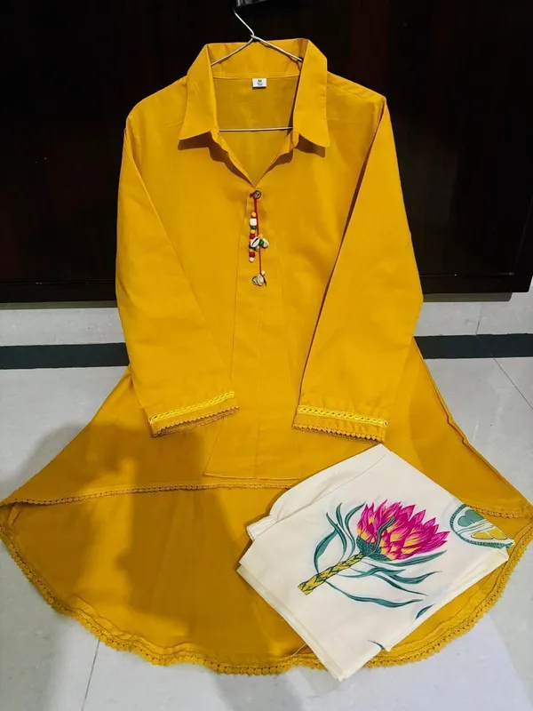 Yellow_Cotton_High-Low_Kurti_with_Floral_Print_Palazzo_Set_for_Women