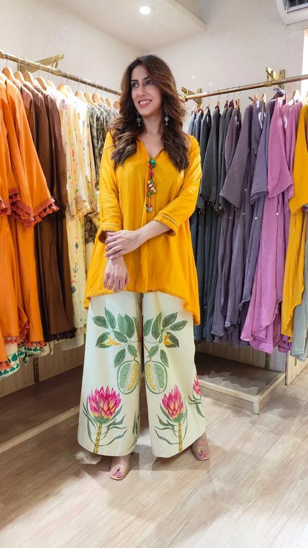 Yellow_Cotton_High-Low_Kurti_with_Floral_Print_Palazzo_Set_for_Women