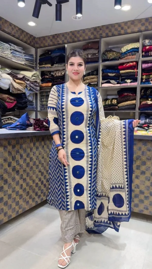 Blue_And_Beige_Printed_Kurta_Set_for_Women