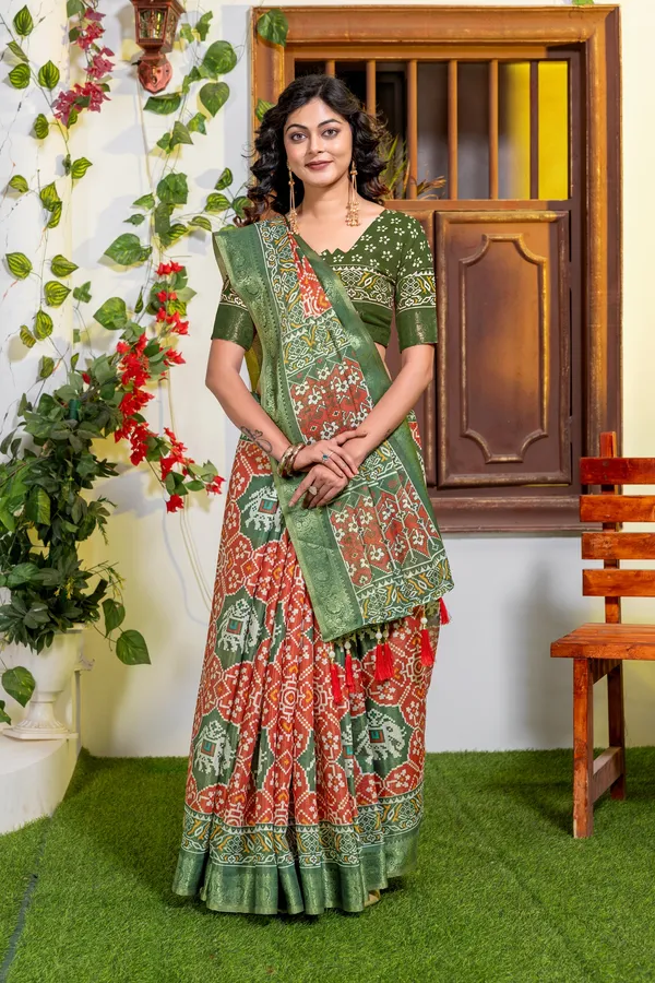 Green_And_Orange_Patola_Print_Saree_For_Women_Patola_Style_High_Quality_Digital_Print_With_Jari_Weaving_On_Full_Saree_For_Women