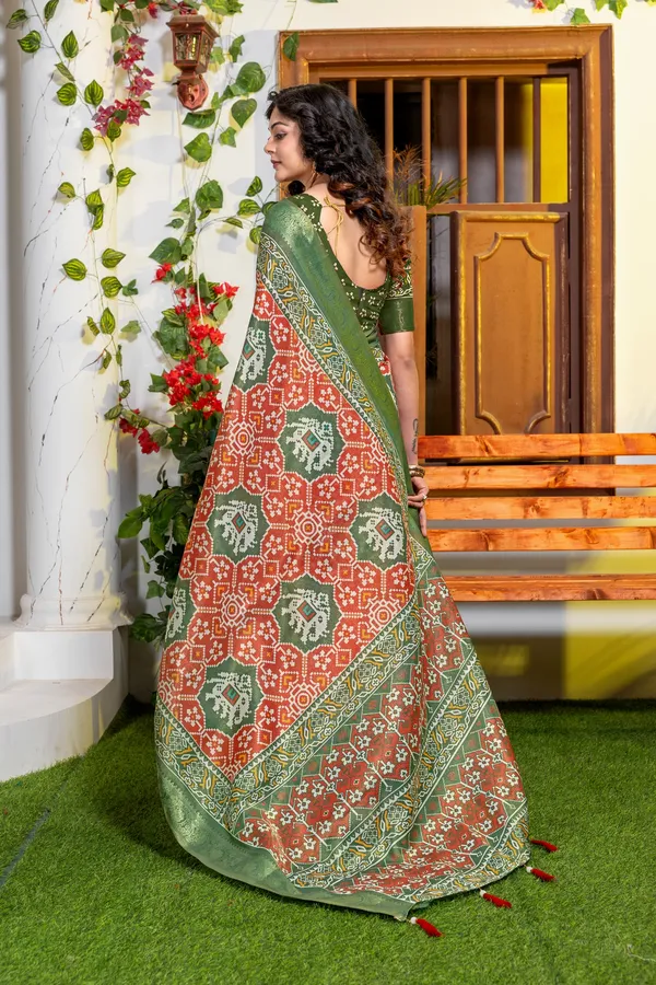 Green_And_Orange_Patola_Print_Saree_For_Women_Patola_Style_High_Quality_Digital_Print_With_Jari_Weaving_On_Full_Saree_For_Women