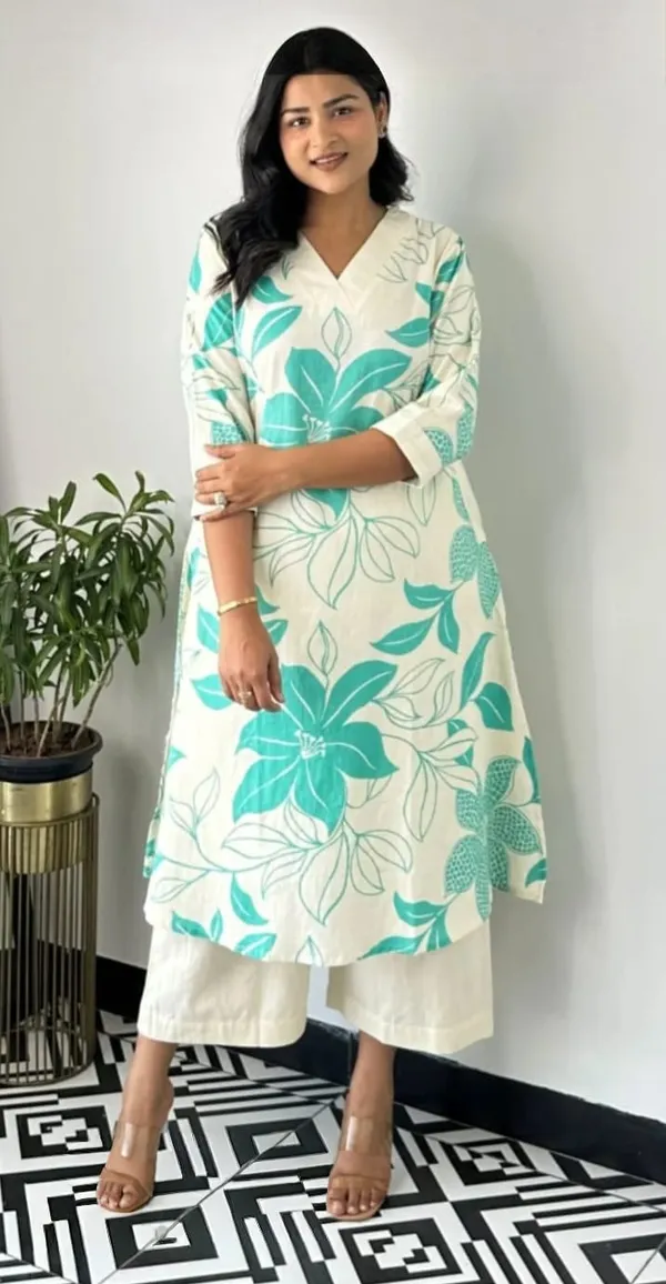 White_Cotton_Sea_Green_Floral_Print_Kurta_with_Palazzo_Set