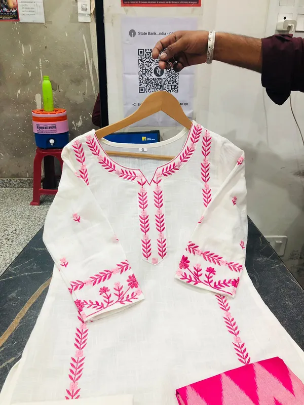 White_Cotton_Embroidered_Unstitched_Suit_with_Pink_Ikat_Dupatta