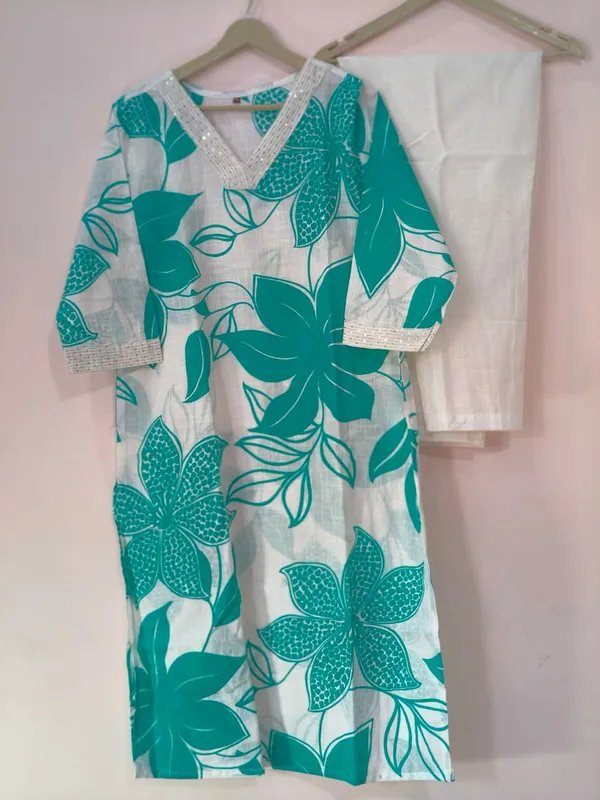 White_Cotton_Sea_Green_Floral_Print_Kurta_with_Palazzo_Set