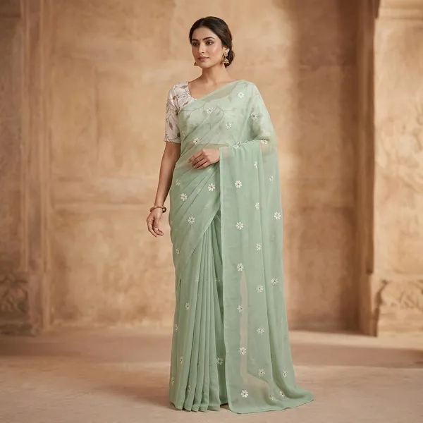 Pista_Green_Georgette_Floral_Embroidered_Saree_With_Blouse