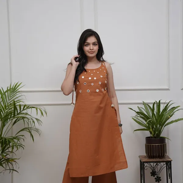 Rust_Sleeveless_Embellished_Kurta_Set_for_Women