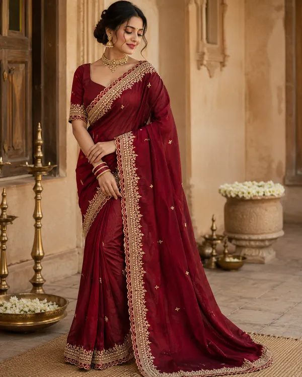 Red_Velvet_Saree_With_Blouse_For_Women