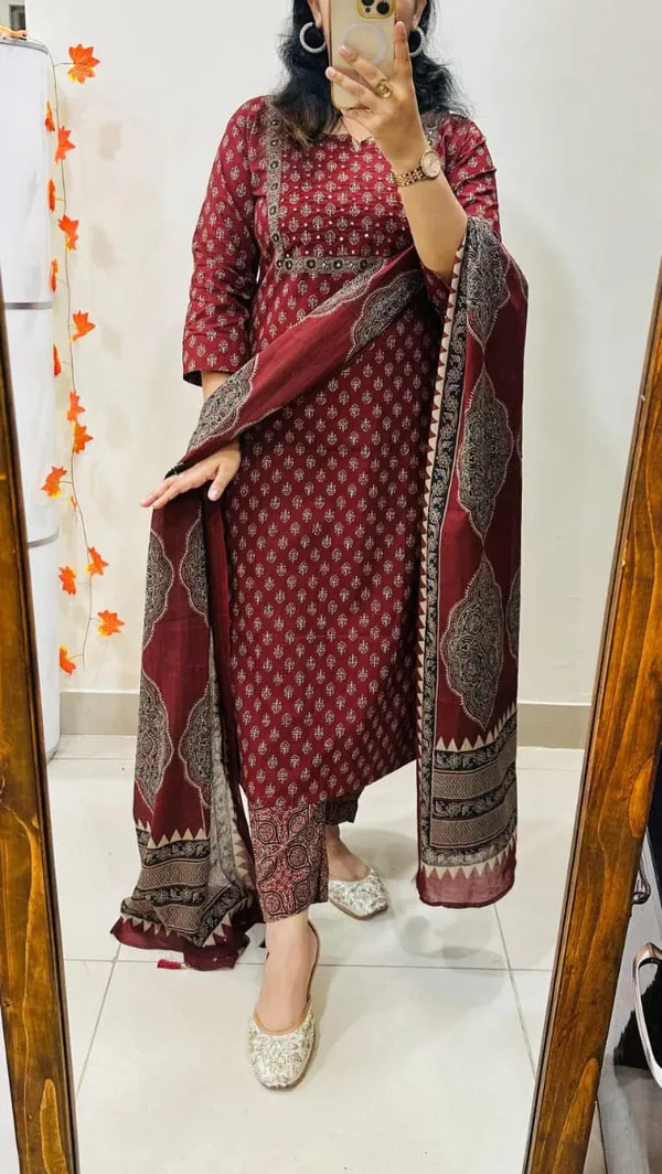 Red_Cotton_Printed_Straight_Kurta_with_Bottom_and_Dupatta_Set