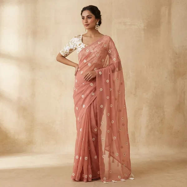 Rust_Organza_Floral_Embroidered_Saree_With_White_Embroidered_Blouse