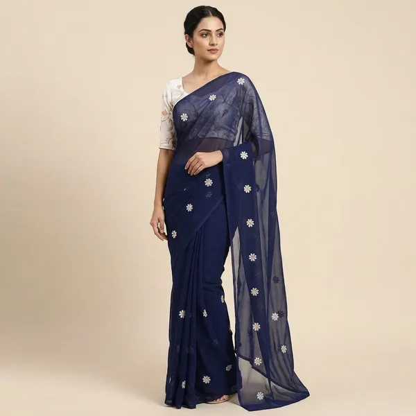 Blue_Georgette_Floral_Embroidered_Saree_With_Off_White_Blouse