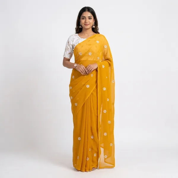 Yellow_Georgette_Floral_Embroidered_Saree_With_Blouse
