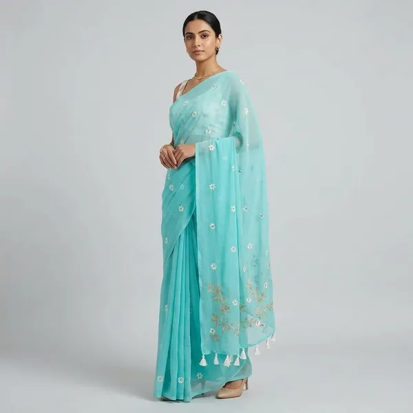 Sky_Blue_Organza_Floral_Embroidered_Dupatta_With_White_Blouse_Piece