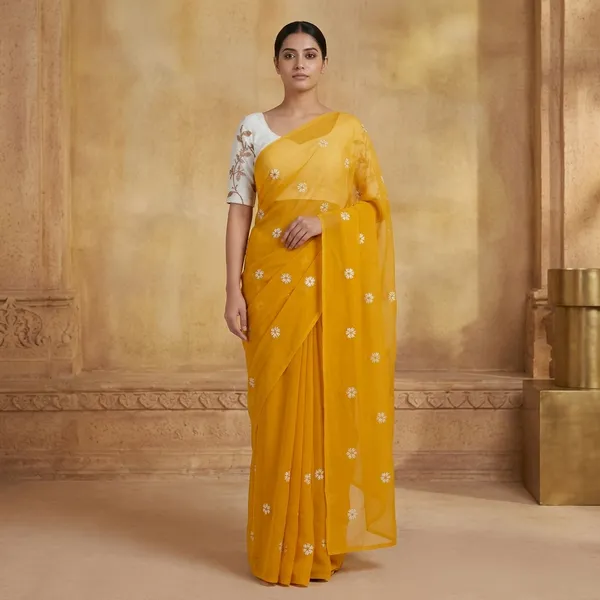 Yellow_Floral_Embroidered_Saree_With_Peach_Blouse