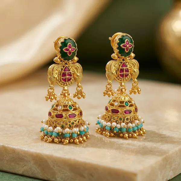 Gold_Kundan_Enamel_Jhumka_Earrings_For_Women