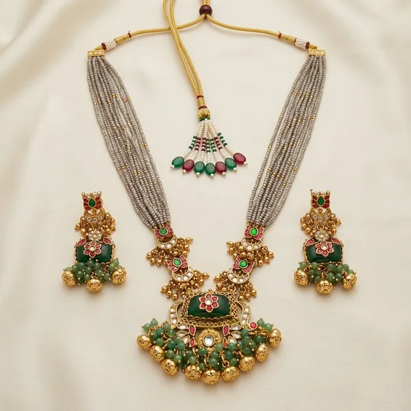 Gold_Kundan_Peacock_Motif_Beaded_Necklace_Set_For_Women