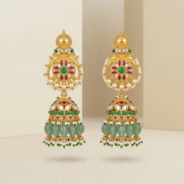 Gold_Green_Kundan_Jhumka_Earrings_With_Green_Beads_For_Women