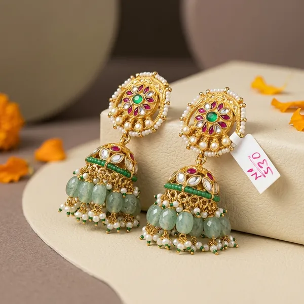 Gold_Green_Kundan_Jhumka_Earrings_With_Green_Beads_For_Women