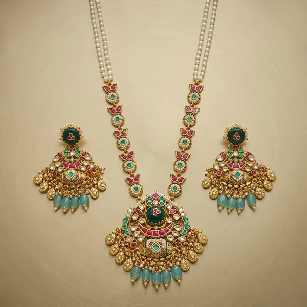 Gold_Green_Kundan_Necklace_Set_With_Pearl_Beads_For_Women