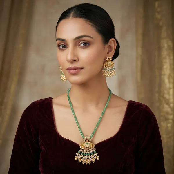 Gold_Green_Kundan_Peacock_Maang_Tikka_With_Pearl_Drops_For_Women