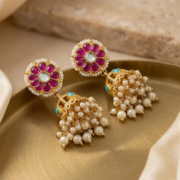 Gold_Pink_Kundan_Jhumka_Earrings_With_Pearl_Drops_For_Women