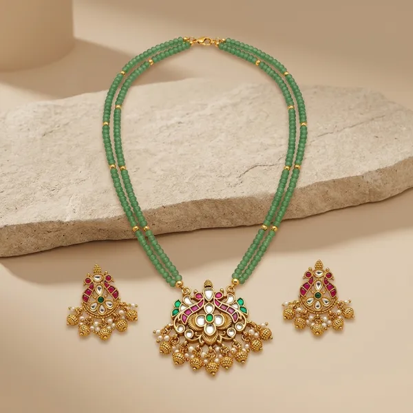 Gold_Green_Beaded_Lakshmi_Pendant_Necklace_Set_For_Women