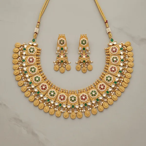 Gold_Plated_Kundan_Green_Pink_Stone_Necklace_Set_For_Women