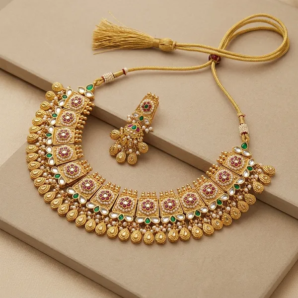 Gold_Plated_Kundan_Green_Pink_Stone_Necklace_Set_For_Women