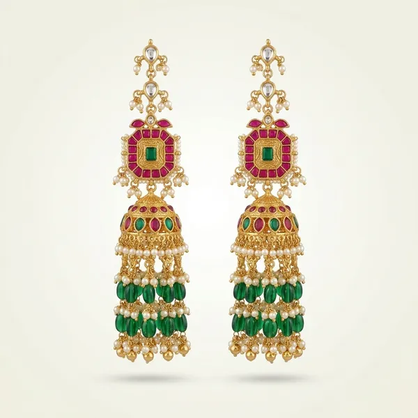 Multicolor_Kundan_Pink_Green_Bead_Tassel_Jhumka_Earrings_For_Women