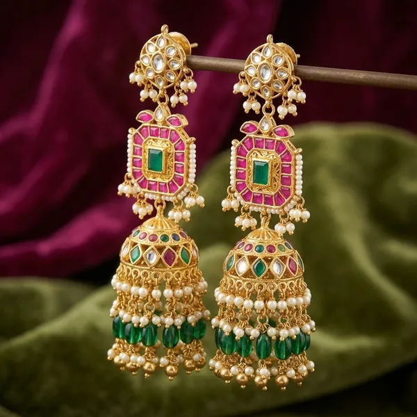 Multicolor_Kundan_Pink_Green_Bead_Tassel_Jhumka_Earrings_For_Women
