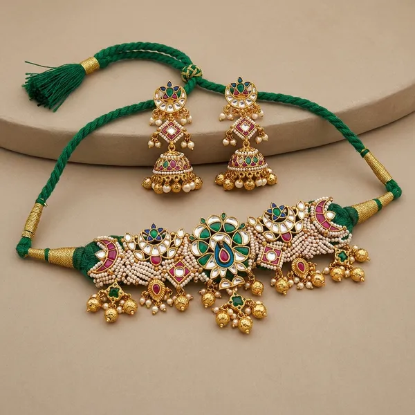 Gold_Green_Kundan_Thread_Choker_Necklace_Set_For_Women
