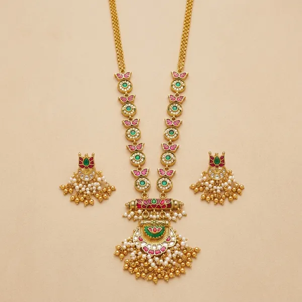Gold_Kundan_Meenakari_Long_Chain_Necklace_Set_For_Women