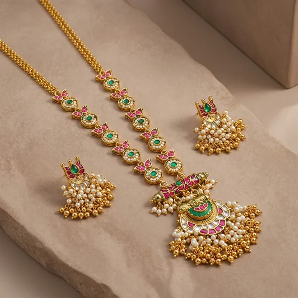 Gold_Kundan_Meenakari_Long_Chain_Necklace_Set_For_Women
