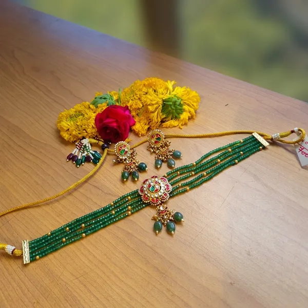 Green_Yellow_Beaded_Choker_Necklace_Set_With_Floral_Gajra_For_Women