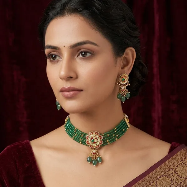 Green_Yellow_Beaded_Choker_Necklace_Set_With_Floral_Gajra_For_Women