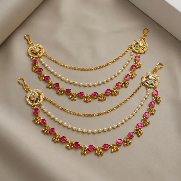 Gold_Pink_Kundan_Pearl_Three-Layer_Kan_Chain_For_Women