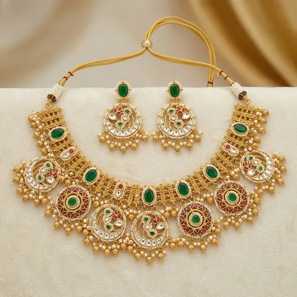 Gold_Kundan_Meenakari_Choker_Necklace_Set_With_Earrings_For_Women