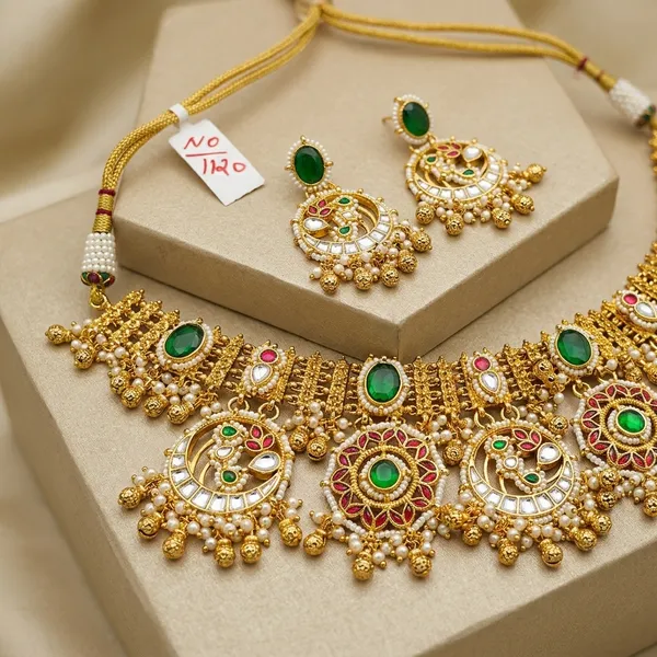 Gold_Kundan_Meenakari_Choker_Necklace_Set_With_Earrings_For_Women