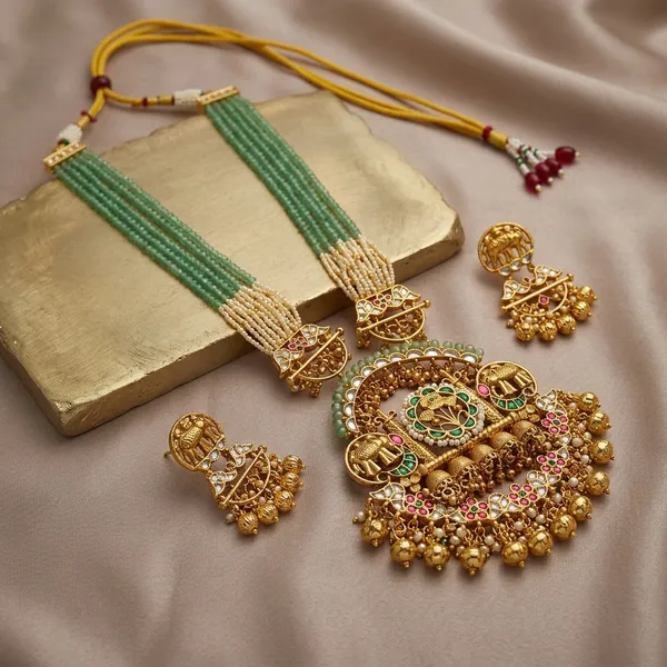 Gold_Green_Kundan_Temple_Necklace_Set_With_Green_Beads_For_Women