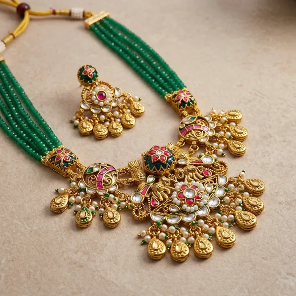 Gold_Green_Beaded_Kundan_Floral_Pendant_Necklace_Set_For_Women