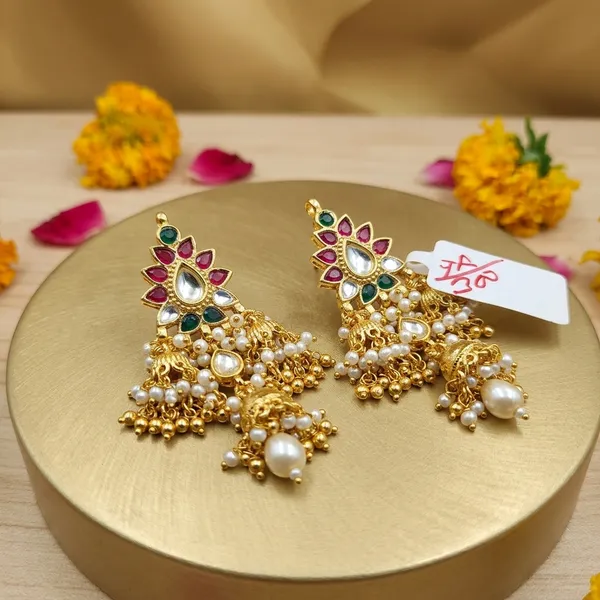 Gold_Plated_Kundan_Red_Green_Stone_Jhumka_Earrings_For_Women