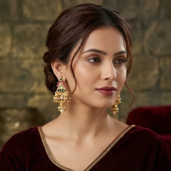 Gold_Plated_Kundan_Red_Green_Stone_Jhumka_Earrings_For_Women