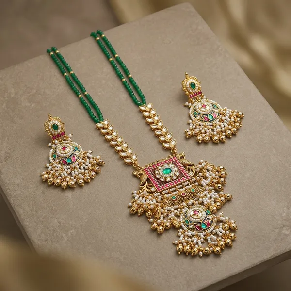 Gold_Kundan_Meenakari_Green_Beaded_Necklace_Set_For_Women
