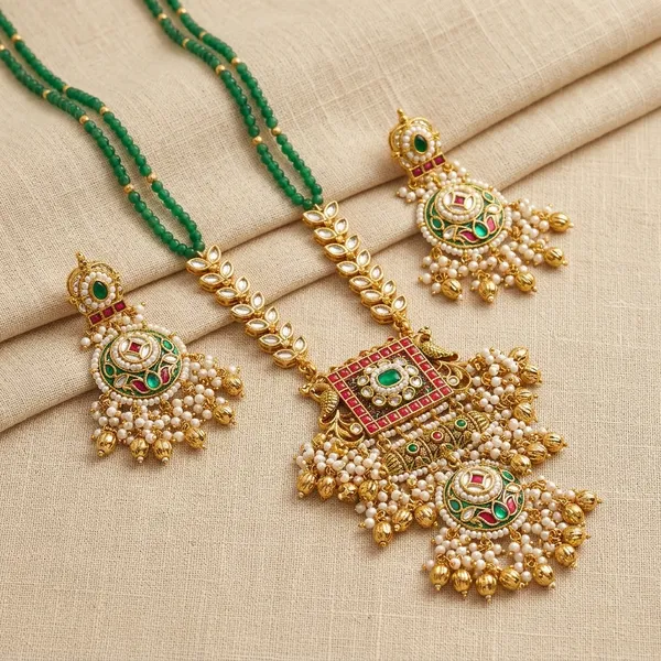 Gold_Kundan_Meenakari_Green_Beaded_Necklace_Set_For_Women