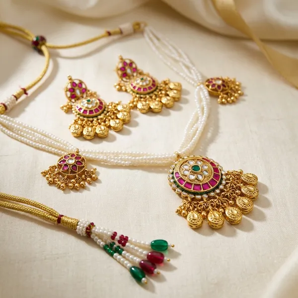 Gold_Kundan_Floral_Pearl_Drop_Necklace_Set_For_Women