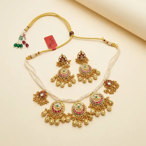 Gold_Kundan_Floral_Pearl_Drop_Necklace_Set_For_Women